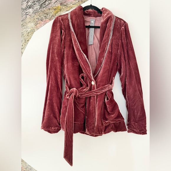 Raquel Allegra Rayon Silk Velvet Cranberry Smoking Jacket 2 - Picture 2 of 4